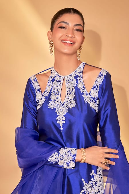 Shop_Ohaila Khan_Blue Silk Embroidery, Pearls, Crystals Round Neck Royal Hand Salwar Set _Online_at_Aza_Fashions