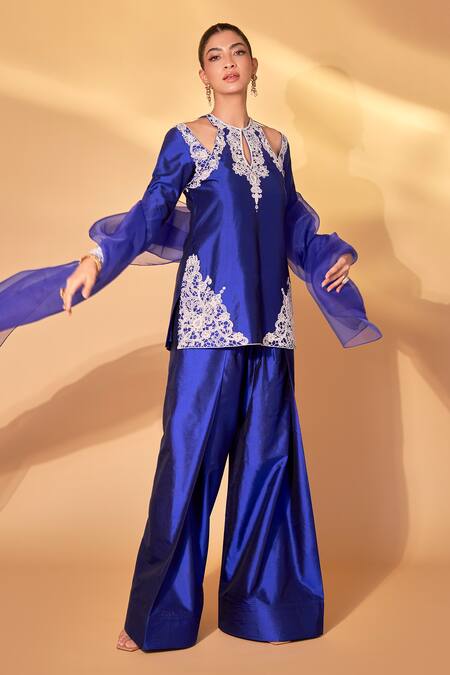 Shop_Ohaila Khan_Blue Silk Embroidery, Pearls, Crystals Round Neck Royal Hand Salwar Set 