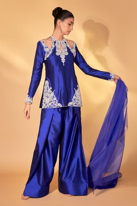 Ohaila Khan Blue Silk Embroidery, Pearls, Crystals Round Neck Royal Hand Salwar Set