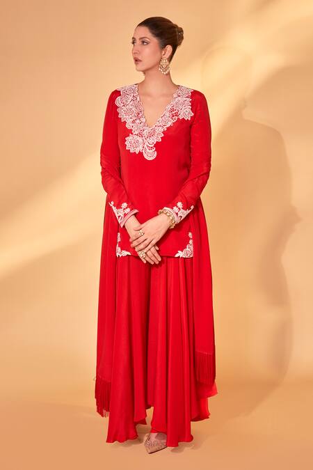 Buy_Ohaila Khan_Red Crepe Pearls, Crystals V-neck Sindoori Kurta Set _Online_at_Aza_Fashions