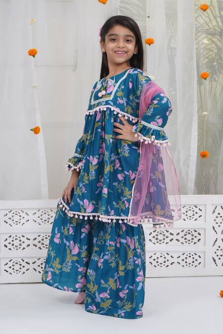 Buy_Little Bansi_Turquoise Muslin Pom-poms Floral Printed Kurta Sharara Set _Online_at_Aza_Fashions