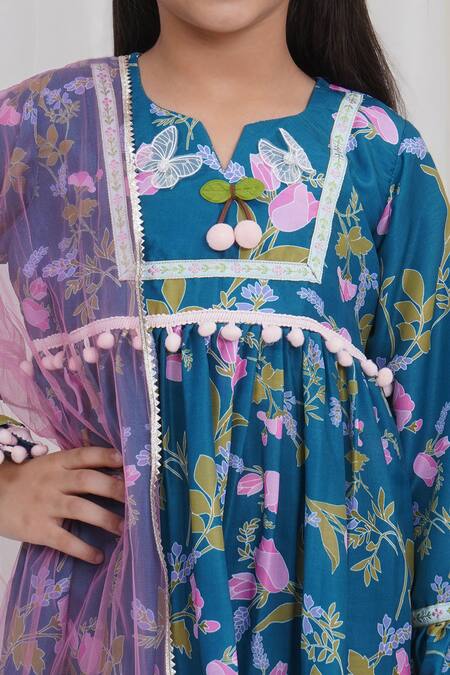 Shop_Little Bansi_Turquoise Muslin Pom-poms Floral Printed Kurta Sharara Set _Online_at_Aza_Fashions