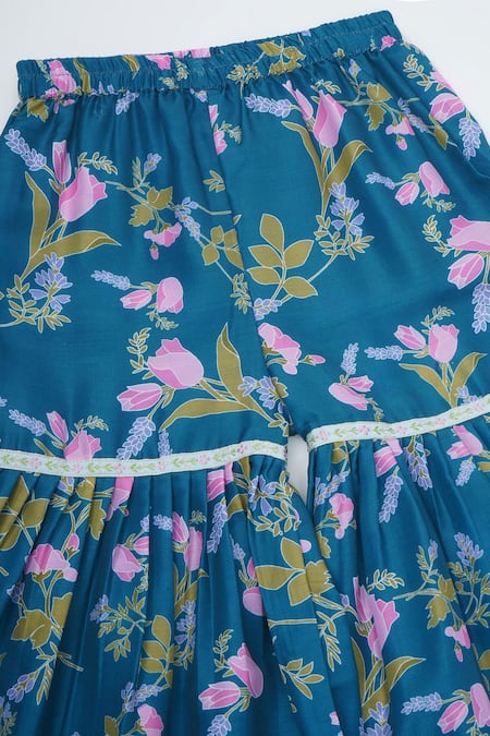 Little Bansi_Turquoise Muslin Pom-poms Floral Printed Kurta Sharara Set _at_Aza_Fashions