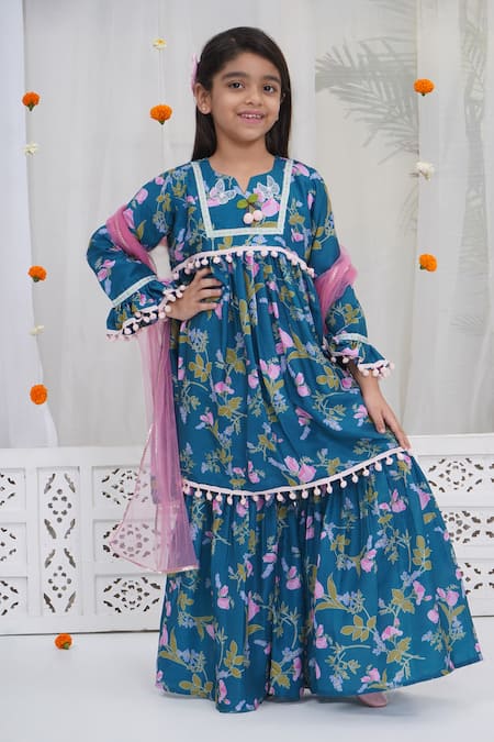 Little Bansi Turquoise Muslin Pom-poms Floral Printed Kurta Sharara Set 