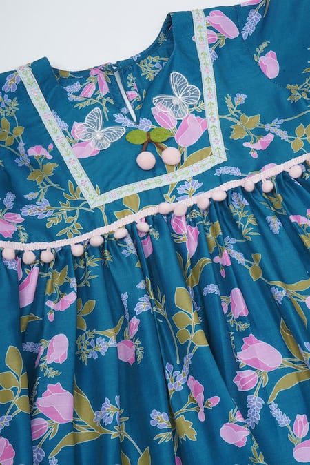 Buy_Little Bansi_Turquoise Muslin Pom-poms Floral Printed Kurta Sharara Set 