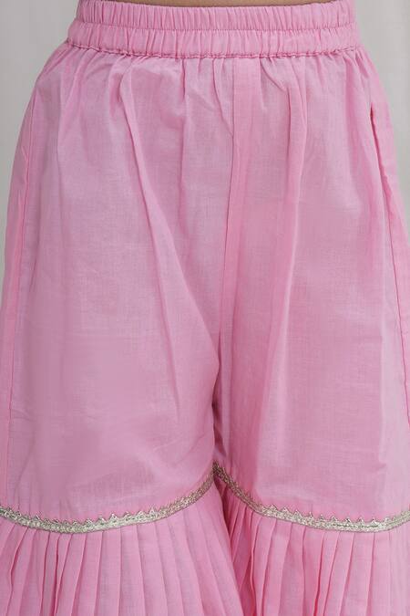 Shop Little Bansi Pink Muslin Fabric Flowers, Zari Printed Kurta Set Online at Aza Fashions Shop_Little Bansi_Pink Muslin Fabric Flowers, Zari Printed Kurta Set _Online_at_Aza_Fashions