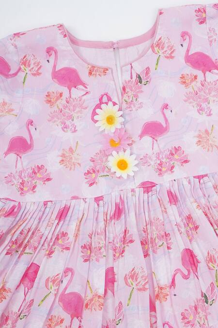 Little Bansi_Pink Muslin Fabric Flowers, Zari Printed Kurta Set _at_Aza_Fashions