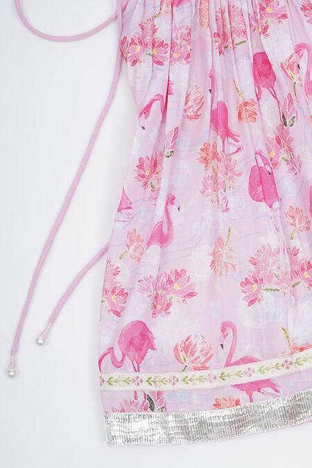 Buy_Little Bansi_Pink Muslin Fabric Flowers, Zari Printed Kurta Set 