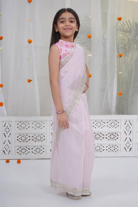 Buy_Little Bansi_Pink Chanderi Silk Zari Light Printed Saree Set _Online_at_Aza_Fashions