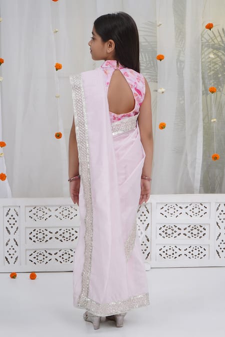 Little Bansi Light Pink Chanderi Silk Printed Saree Set 