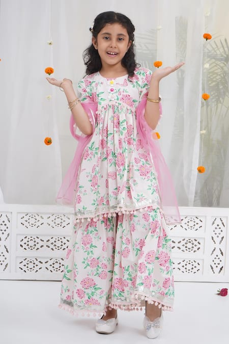 Little Bansi_Pink Cotton Pom-poms Floral Printed Kurta Set _Online_at_Aza_Fashions