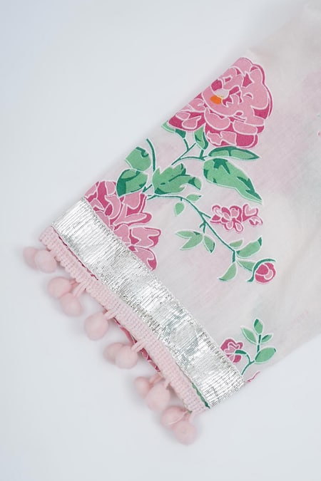 Buy_Little Bansi_Pink Cotton Pom-poms Floral Printed Kurta Set _Online_at_Aza_Fashions