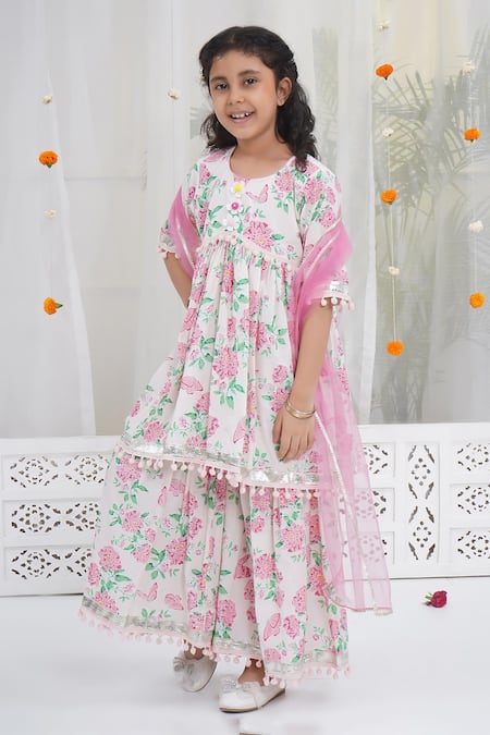 Shop_Little Bansi_Pink Cotton Pom-poms Floral Printed Kurta Set _Online_at_Aza_Fashions