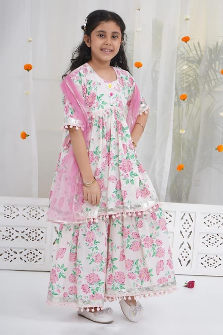 Little Bansi_Pink Cotton Pom-poms Floral Printed Kurta Set _at_Aza_Fashions