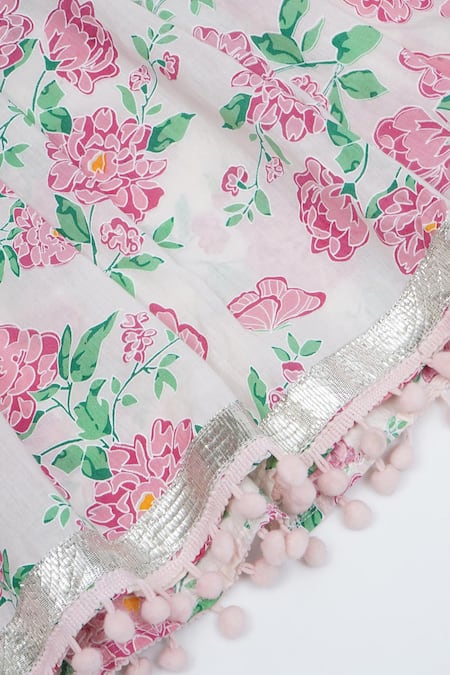Buy_Little Bansi_Pink Cotton Pom-poms Floral Printed Kurta Set 