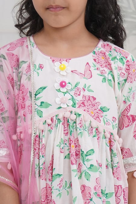 Shop_Little Bansi_Pink Cotton Pom-poms Floral Printed Kurta Set 