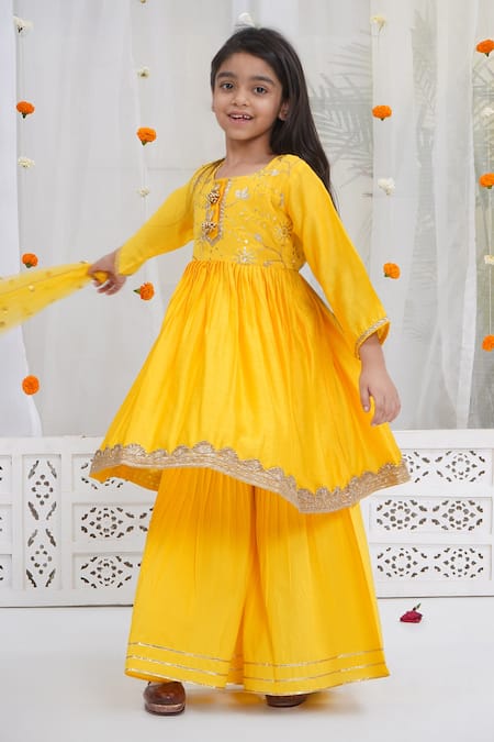 Little Bansi Yellow Chanderi Silk Embroidery, Sequins Haldi Kurta Sharara Set Online at Aza Fashions Little Bansi_Yellow Chanderi Silk Embroidery, Sequins Haldi Kurta Sharara Set _Online_at_Aza_Fashions