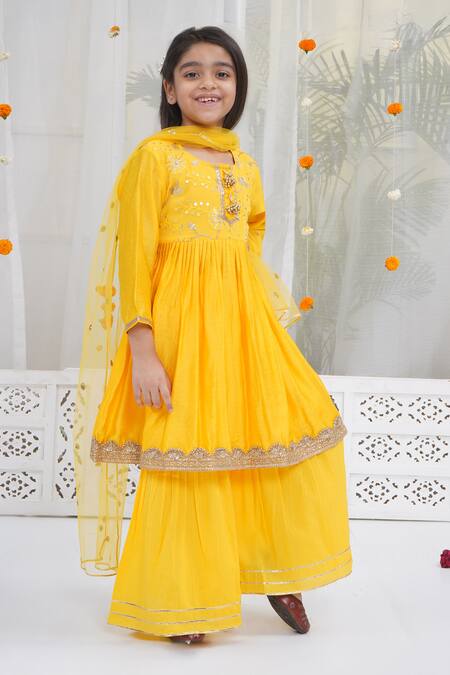 Shop Little Bansi Yellow Chanderi Silk Embroidery, Sequins Haldi Kurta Sharara Set Online at Aza Fashions Shop_Little Bansi_Yellow Chanderi Silk Embroidery, Sequins Haldi Kurta Sharara Set _Online_at_Aza_Fashions