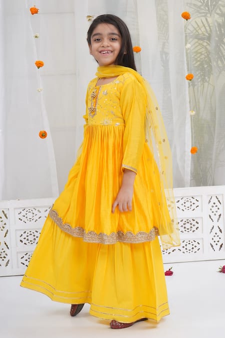 Little Bansi Yellow Chanderi Silk Embroidery, Sequins Haldi Kurta Sharara Set at Aza Fashions Little Bansi_Yellow Chanderi Silk Embroidery, Sequins Haldi Kurta Sharara Set _at_Aza_Fashions