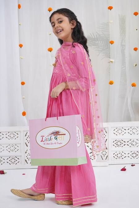 Buy_Little Bansi_Pink Chanderi Silk Zari, Sequins Embroidered Cranberry Kurta Set _Online_at_Aza_Fashions