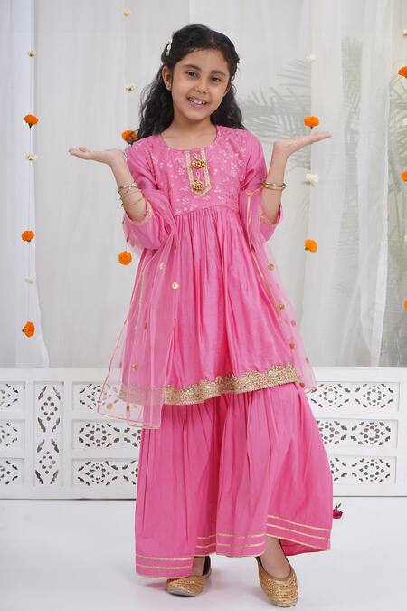 Shop_Little Bansi_Pink Chanderi Silk Zari, Sequins Embroidered Cranberry Kurta Set _Online_at_Aza_Fashions