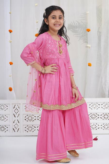 Little Bansi_Pink Chanderi Silk Zari, Sequins Embroidered Cranberry Kurta Set _at_Aza_Fashions