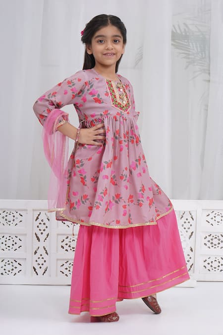 Little Bansi Pink Muslin Embroidery Printed Dusky Rose Kurta Sharara Set Online at Aza Fashions Little Bansi_Pink Muslin Embroidery Printed Dusky Rose Kurta Sharara Set _Online_at_Aza_Fashions