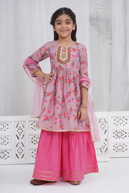 Little Bansi Pink Muslin Embroidery Printed Dusky Rose Kurta Sharara Set 