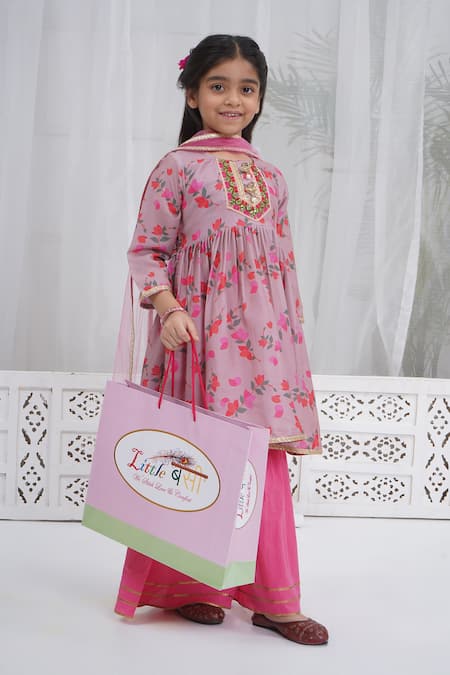 Shop Little Bansi Pink Muslin Embroidery Printed Dusky Rose Kurta Sharara Set Online at Aza Fashions Shop_Little Bansi_Pink Muslin Embroidery Printed Dusky Rose Kurta Sharara Set _Online_at_Aza_Fashions