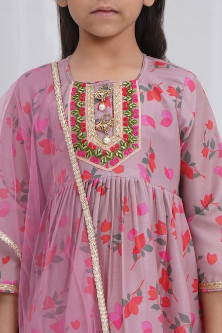 Little Bansi Pink Muslin Embroidery Printed Dusky Rose Kurta Sharara Set at Aza Fashions Little Bansi_Pink Muslin Embroidery Printed Dusky Rose Kurta Sharara Set _at_Aza_Fashions