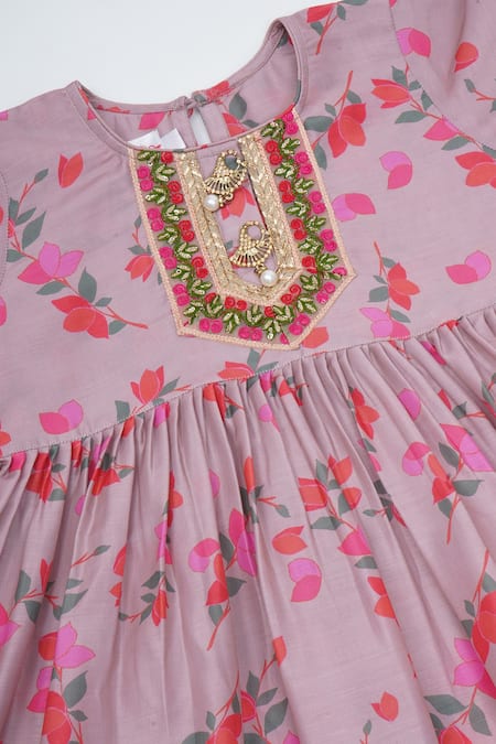 Buy Little Bansi Pink Muslin Embroidery Printed Dusky Rose Kurta Sharara Set Buy_Little Bansi_Pink Muslin Embroidery Printed Dusky Rose Kurta Sharara Set