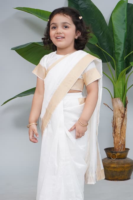 Little Bansi Embroidered Cream Chanderi Silk Saree & Blouse Set 