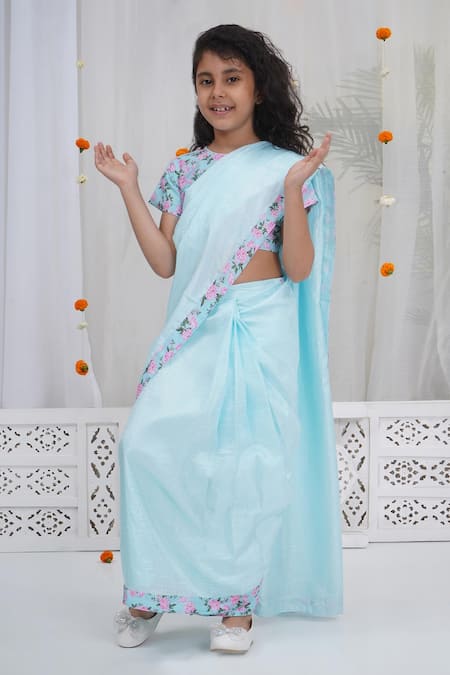Little Bansi_Blue Chanderi Silk, Cotton Designer Printed Saree And Blouse Set _Online_at_Aza_Fashions