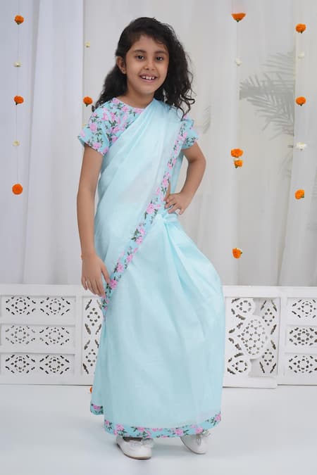 Buy_Little Bansi_Blue Chanderi Silk, Cotton Designer Printed Saree And Blouse Set _Online_at_Aza_Fashions