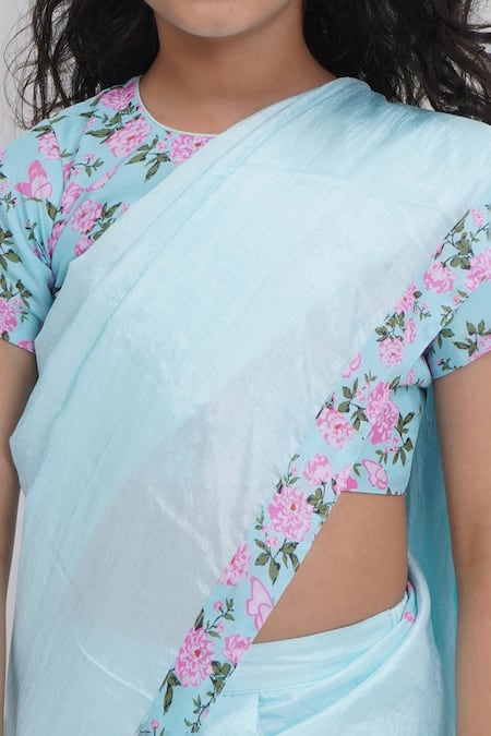 Shop_Little Bansi_Blue Chanderi Silk, Cotton Designer Printed Saree And Blouse Set _Online_at_Aza_Fashions