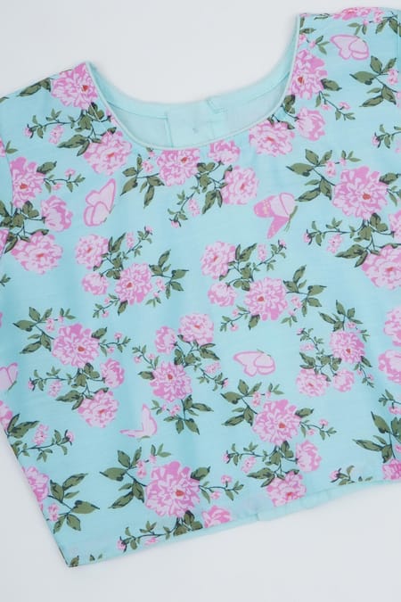 Little Bansi_Blue Chanderi Silk, Cotton Designer Printed Saree And Blouse Set _at_Aza_Fashions