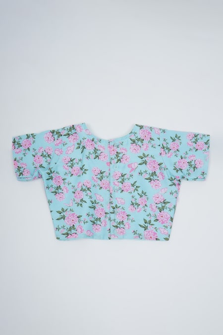 Buy_Little Bansi_Blue Chanderi Silk, Cotton Designer Printed Saree And Blouse Set 