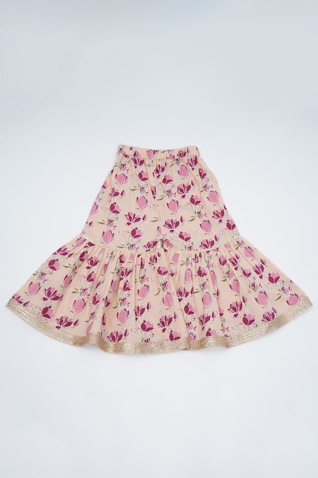 Little Bansi_Peach Cotton Zari, Embroidery Floral Printed Kurta Sharara Set _Online_at_Aza_Fashions