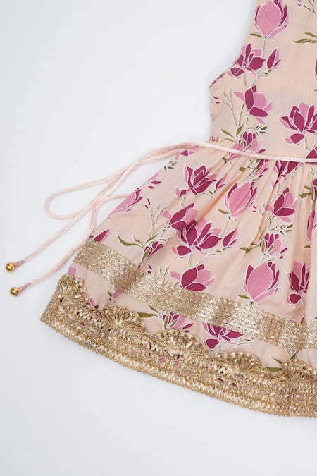 Buy_Little Bansi_Peach Cotton Zari, Embroidery Floral Printed Kurta Sharara Set _Online_at_Aza_Fashions