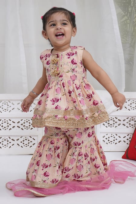 Little Bansi Peach Cotton Zari, Embroidery Floral Printed Kurta Sharara Set 