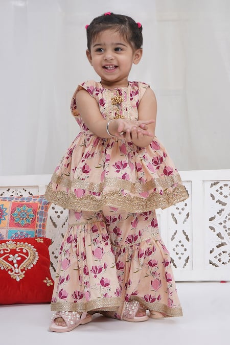 Shop_Little Bansi_Peach Cotton Zari, Embroidery Floral Printed Kurta Sharara Set _Online_at_Aza_Fashions