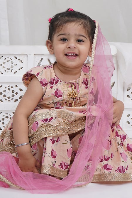 Little Bansi_Peach Cotton Zari, Embroidery Floral Printed Kurta Sharara Set _at_Aza_Fashions