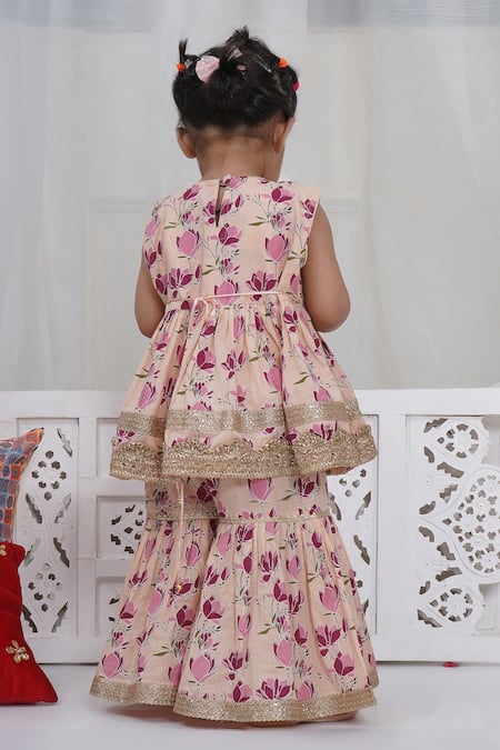 Little Bansi Peach Floral Printed Kurta Sharara Set 