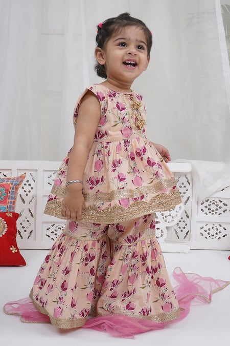 Buy_Little Bansi_Peach Cotton Zari, Embroidery Floral Printed Kurta Sharara Set 