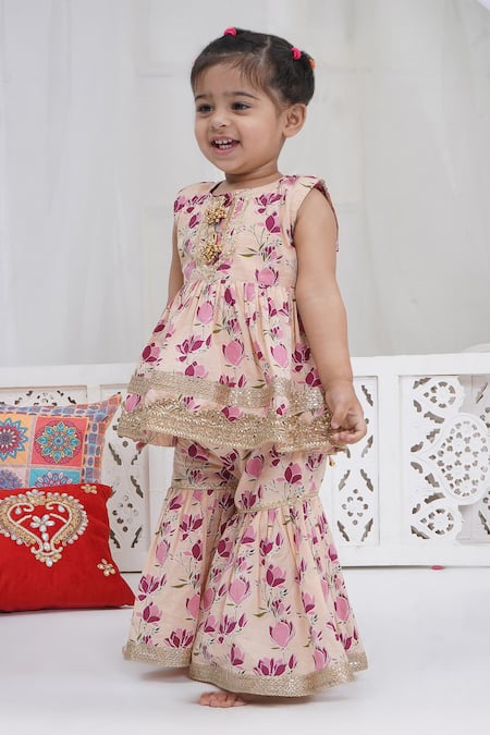 Shop_Little Bansi_Peach Cotton Zari, Embroidery Floral Printed Kurta Sharara Set 