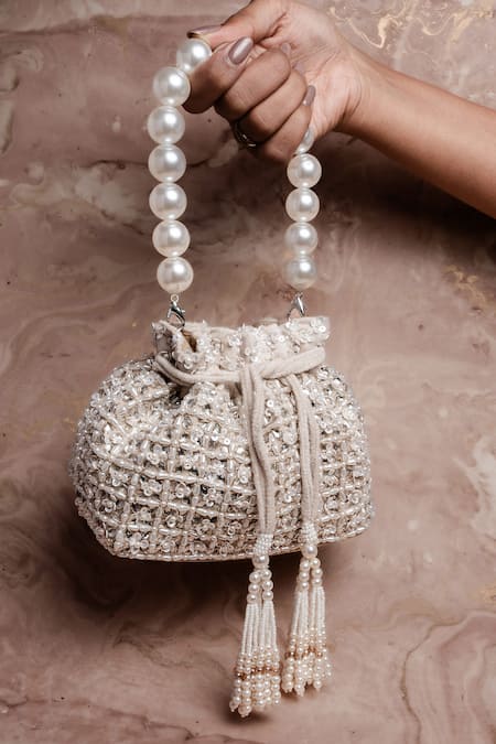 Nayaab By Sonia Ivory Embroidery, Beads, Pearls, Sequins Potli Bag With Handle