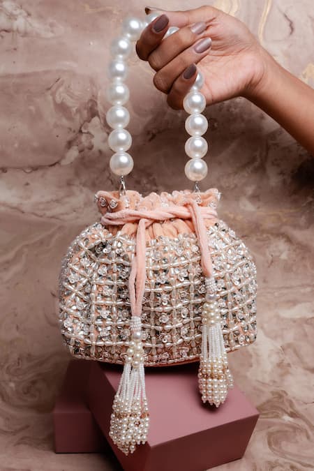 Nayaab By Sonia Pink Sequins, Beads, Pearls Flower Bed Blush Potli