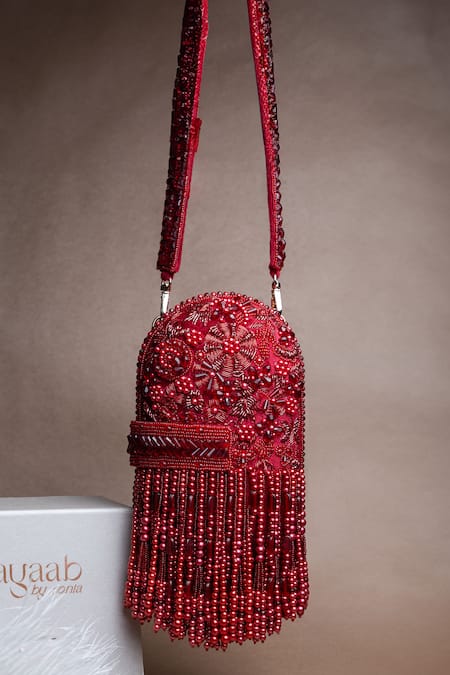 Nayaab By Sonia Red Beads, Tassels Beaded Potli Bag 