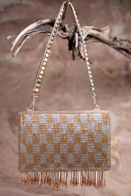 Nayaab By Sonia Gold Beads, Tassels, Embroidery Shades Of Kasse Box Clutch 
