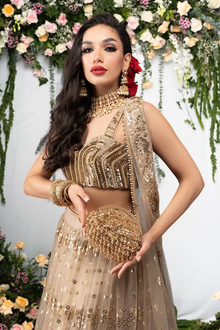 Shop Nayaab By Sonia Gold Sequins, Beads Dangling And Clutch at Aza Fashions Shop_Nayaab By Sonia_Gold Sequins, Beads Dangling And Clutch _at_Aza_Fashions